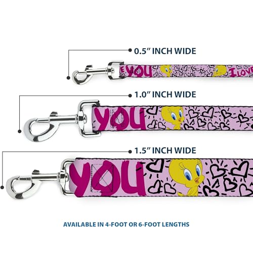 Looney Tunes Dog Leash | Tweety Bird I Love You Pink Black Durable Stylish For Walks - size: 6 Feet Long - 1.5" Wide