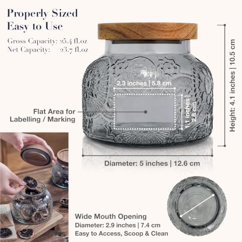 Decorative Grey Embossed Glass Jar with Airtight Wooden Lid, 25.4 fl. oz | Wide mouth vintage storage canister, kitchen pantry bathroom organization, coffee sugar tea cookie candy candle vase gift - size: 25.4 Ounces, style: Grey Flower