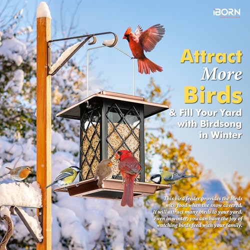 iBorn Bird Feeders for Outdoors, Metal Bird Feeder, Wild Bird Feeders for Cardinal, 2.3LBS Capacity,17.7cm Large Roof, Lantern Style, Brush Copper - color: Copper