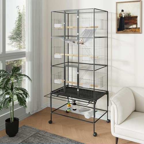 69 Inch Tall Parrot Cages for Large Birds, Three-Level Rolling Parakeet Cage with Storage Shelf Perches Feed Bowls, Bird Flight Cage, Large Bird Cages for Parrots Macaws Conures Cockatiels Parakeets