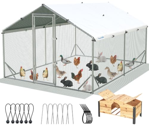 Quictent Large Metal Chicken Coop Run for 20+ Poultry w/Beige Nest Box | Side Hardware Cloth & Cover, Advanced Series Outdoor Walk-in Cage Hen Duck Rabbit Dog Pen Yard Farm House, 12x9x6.6FT - color: Beige, size: 142.4"L x 107.3"W x 78.0"H