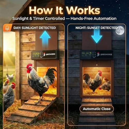 Solar Automatic Chicken Coop Door, 6-Mode Programmable Remote, HD Screen | Auto Chicken Door with aluminum alloy, timer, light sensor, anti-pinch protection, 70M remote range