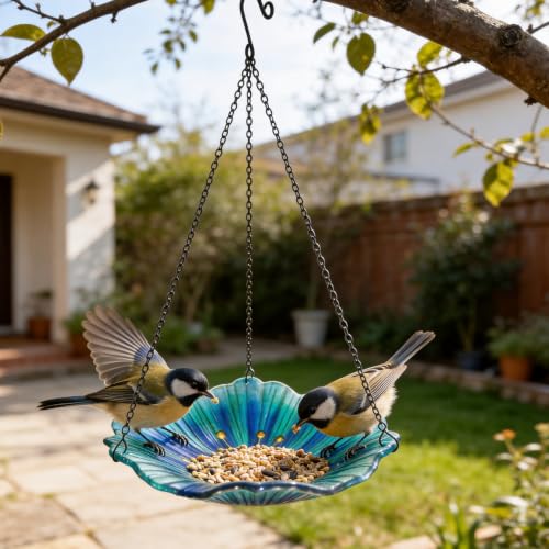 Bird Baths for Outdoors, Glass Birdbaths Outdoor Birdfeeder with Metal Stake (Light Blue with Hanging) - color: Navy Blue with Hanging