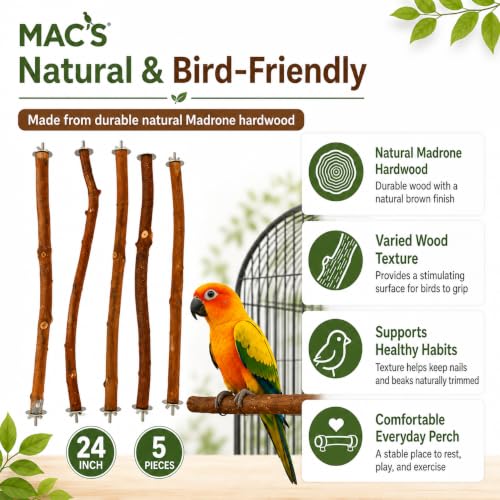 MAC'S Hardwood Madrone Bird Perches, Natural Brown 24 inch Harwood Madrone Wood 5 Pieces