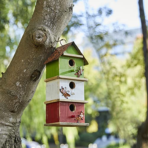 Glitzhome Bird Houses for Outside, 13.75" H Multicolored Three-Tiered Distressed Solid Wood Birdhouse Garden Hanging Bird House for Outdoors - color: 13.75"H Multicolored