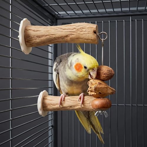 Bird Swing Perch with Chew Toys for Small Parrots, Cage Accessory | Natural Pear Wood 2PCS Bird Cage Set with Perch, Hanging Swing & Chew Toys for Conures, Cockatiels & Small Parrots