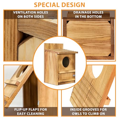 Barred Owl House, 9" x 14.5" Large Owl Bird Box Handmade, Brown | Wooden Circular Opening for Outside with Mounting Screws and A Bag of Wood Shavings, Easy Assembly Required, Easy to Clean - color: brown, size: 9" x 14.5"