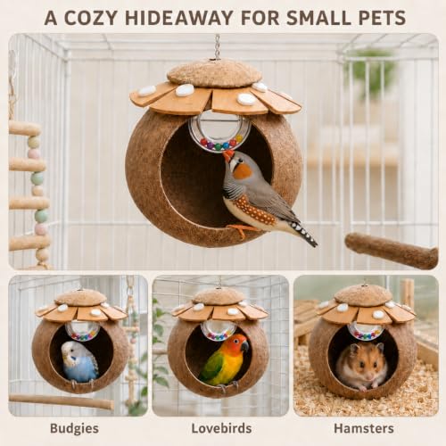 Handcrafted Coconut Bird Nest and Breathable Cage Hide Hut, Multi-Purpose Bird Cage Accessories, Suitable for Parakeets, Budgies, Lovebirds, Parrots, Hamsters and Small Pets