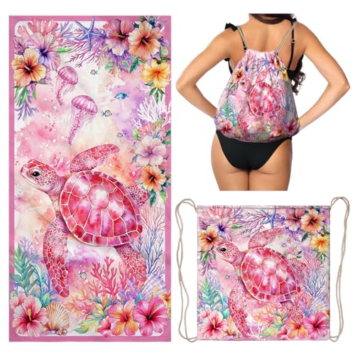 Sea Turtle Beach Towel Bag - Pink Multi-Functional Microfiber Beach Blanket Flower Printed Drawstring Bag for Travel - color: Summer Turtle Pink