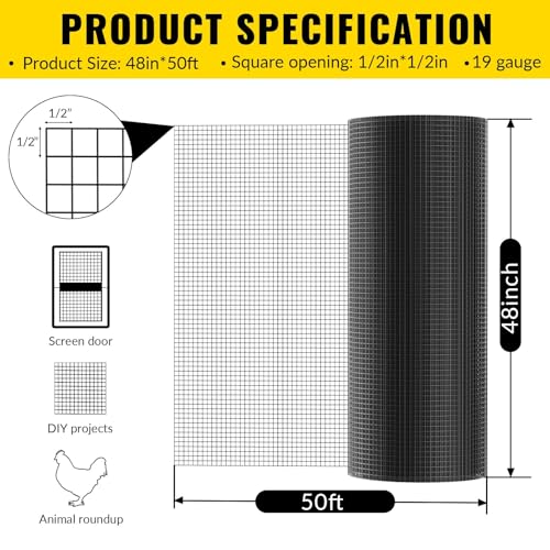 Hardware Cloth PVC Coated Wire Mesh 48'' x 50' 1/2inch Mesh Black Vinyl Coated Fence Chicken Wire Fencing 19 Gauge Chain Link Fence for Chicken Coop, Animal Control,Gutter Guard, and Home Improvement - color: Black, size: 48 x50 1/2inch