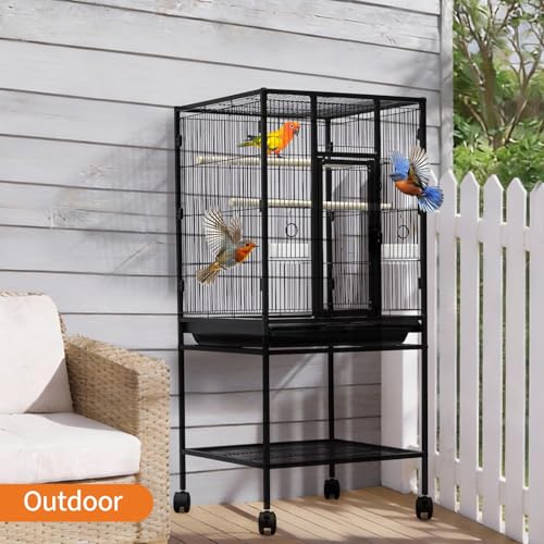 41" Large Bird Cage, Parrot Bird Cage with Rolling Stand & Storage Shelf, Heavy Duty Wrought Iron Flight Cage, Secure Lock, Ideal for Parakeets, Parrots, Cockatiels, Conures, Lovebirds - size: 25.4"L x 19.7"W x 5.9"H