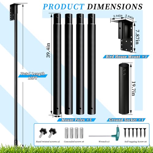12ft Purple Martin House Pole with Ground Socket, 1.9in Diameter Bat House Pole Heavy-Duty Galvanized Steel, Durable & Easy to Install,Including Bird House Installation Bracket, Black - size: 12FT