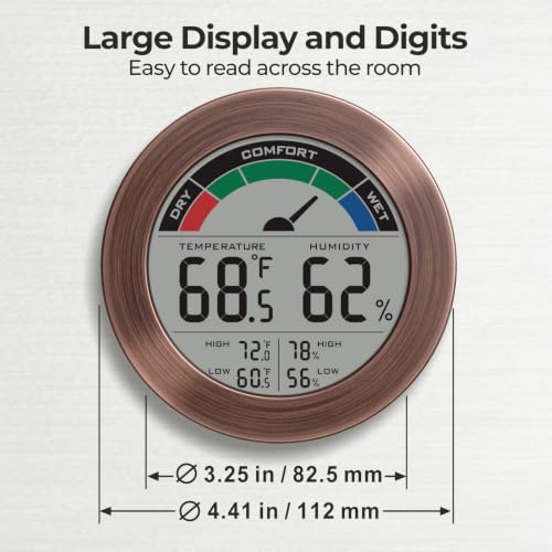 Digital Hygrometer Indoor Thermometer, Brushed Metal Frame, Bronze | Large round display, clear digits, accurate readings, comfort gauge, humidity meter, room temperature and humidity monitor - color: Bronze
