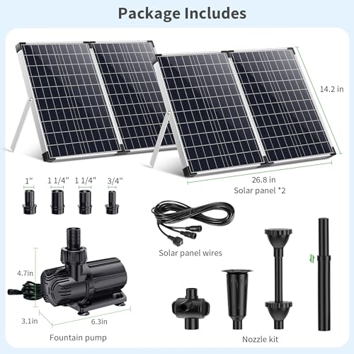 100W Solar Water Fountain Pump, 1200GPH Adjustable Flow & Dry-Run Protection Pond Pump, Dual Solar Panels, 3 Spray Nozzles, Solar Fountain Pump Kit for Outdoor Ponds, Water Garden P1100 - size: 100W