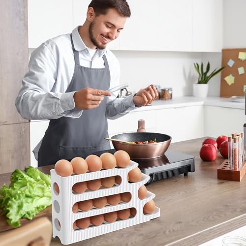 Egg Holder for Fridge, 4 Tiers, Egg Roller for Eggs 24 Count | Auto Rolling Egg Storage Organizer for Refrigerator, Slim Space Saving Container, Dispenser - size: 4 Tiers