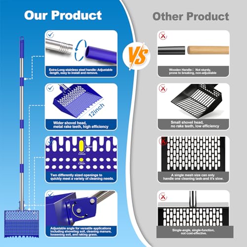 12-Inch 2-in-1 Chicken Poop Scooper & Rake, Chicken Coop Scoop with Adjustable Stainless Steel Handle （24–64"）, 3 Angles & 2 Sifting Holes, Litter Scoop Sand Sifting Shovel Pooper Scooper (Blue) - color: Blue