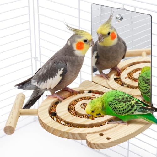 Bird Foraging Toys with Perch & Mirror, Easy for Novice/Older Birds | Kiln-Dried Wood Bird Enrichment Toy for Cage, Slow Feeder & Interaction Puzzle Toy to Reduce Seed Mess, Visible Food Design - size: with mirror