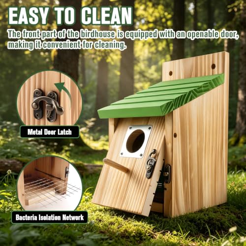 Bird Houses for Outside, 2 Pack Hanging Birdhouse for Outdoor | Wood Nest 1-1/2" Entrance, Metal Guards, Safety Locks, Flight Slots