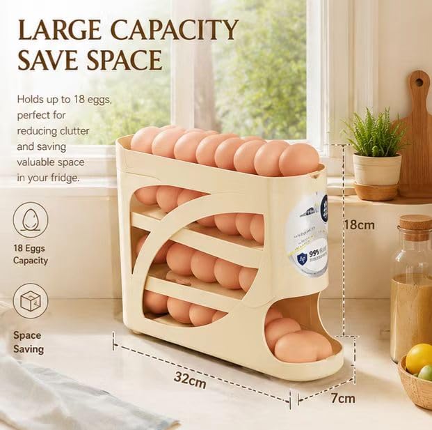 4-Tier Egg Dispenser for Refrigerator, Gravity Auto-Rolling Design, Holds 30 Eggs, Space-Saving Easy-Access Fridge Organizer Rack