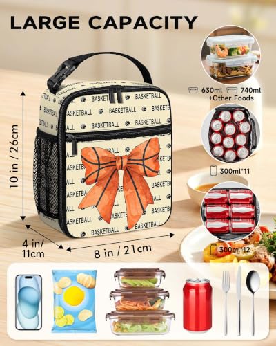 Lunch Box Girls Boys Insulated Lunch Bag for Kids Teen, Basketball Bow | Reusable Lunchbox, Cooler Tote Bag, Water Bottle Holder, Front Pockets, Portable Buckle Handle for School Work Picnic Travel - color: Basketball Bow