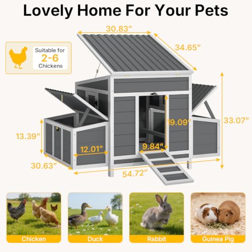 Yafylly Wooden Chicken Coop for 4-6 Chickens, 55" Chicken Coops with 6 Large Nesting Boxes, Easy Cleaning Pull-Out Tray, Ventilation Window, Waterproof Outdoor Chicken House for Farm Backyard - color: Grey, size: 54.7"L x 30.6"W x 33.1"H