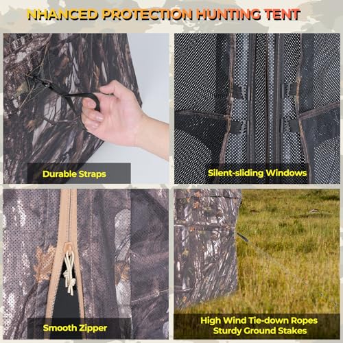Portable Hunting Blind 360° Degree See Through with Carrying Bag, 2-3 Person Pop Up Ground Blinds with Silent Zipper Door & Sliding Windows, Resilience Tent for Deer & Turkey Hunting - color: Dark Woodland Camouflage