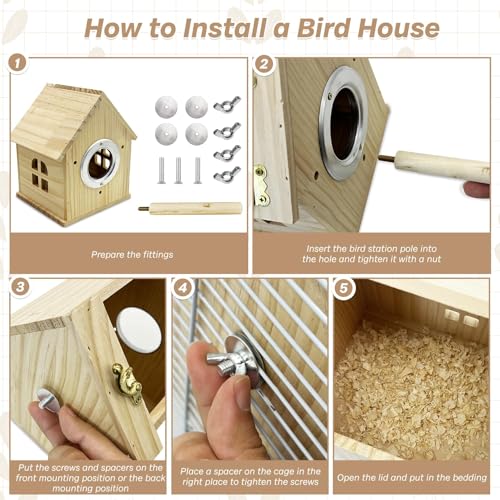 PINVNBY Parakeet Nesting Box Wooden Bird House for Cage Parrot Breeding Mating Box for Lovebirds Cockatiel Finch Cockatoo Canary and Small and Medium-Sized Birds (M: 7.91 * 6.3 * 5.82 inch) - size: Wood House Shape,M: 7.91*6.3*5.82 inch