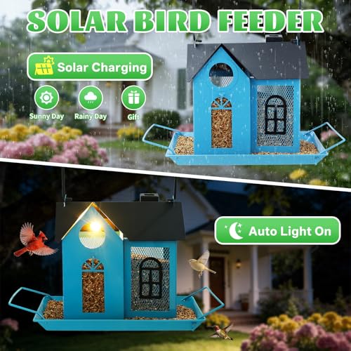 Solar Bird Feeder for Outdoors - Blue Metal Hanging Bird Feeder with Solar Light, Decorative for Wild Cardinals, Finches, Weatherproof Backyard Garden Decor Ideal Gift for Women Mom Grandma - color: Blue