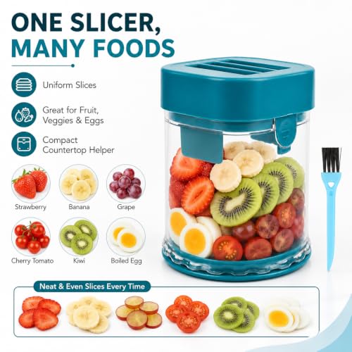 Fruit Slicer Cup, Strawberry Cutter Slicer with Detachable Base, Kitchen Fruit Cutter with Stainless Steel Blades for Bananas, Grapes & Hard Boiled Eggs, Includes a Matching Cleaning Brush(Blue) - color: Blue