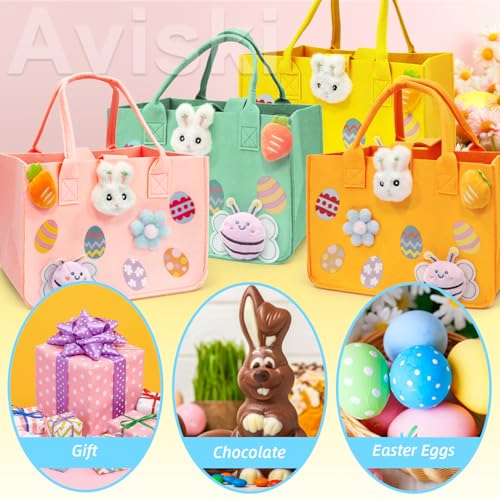 Aviski 4PCS Easter Egg Hunt Bags, Easter Bunny Gift Bags with Handles, Easter Treat Bags, Felt Easter Bags for Gifts Wrapping, Egg Hunt Game, Easter Party Supplies, 12" x7.8" x6.8"