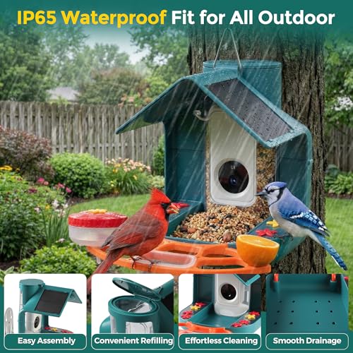Smart Bird Feeder with Camera, Dual Solar Panel & 2K HD Live Streaming, AI Bird ID + Instant Alert, IP65 Weatherproof for Outdoor Garden Patio, Gift for Bird Lovers
