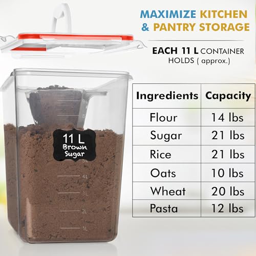 Shazo 2 PC (11L | 372 oz) Flour Sugar Storage Containers with Easy Carry Handle - Plastic Extra Large Food Storage Containers with Lids for Rice Cereal, BPA Free & Airtight Kitchen Pantry Organization - color: Red