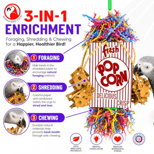 Bonka Bird Toys Popcorn Explosion Bird Toy 15" x 6" Foraging Shredding Toy for Small to Medium Birds Parakeets Cockatiels Conures Natural Paper Cardboard Hanging Cage Toy (Pack of 1) - size: Pack of 1