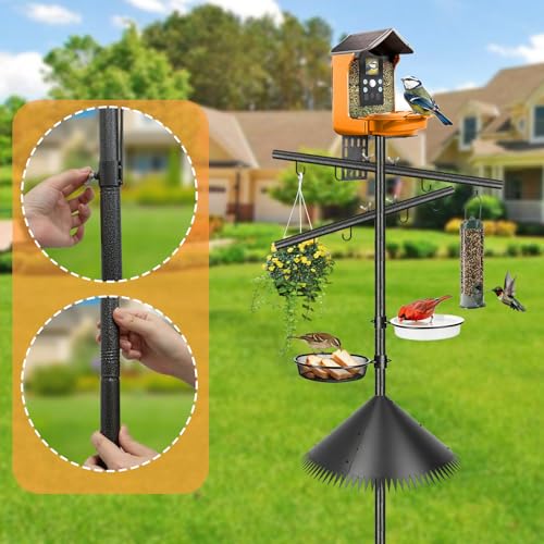 Bird Feeder Pole, 92 Inch Squirrel-Proof Bird Feeder Stand with 8 Hooks, Water Bowl and Mesh Tray, Adjustable Birdhouse Pole, Perfect for Outdoor Garden & Yard - color: Crossbar style