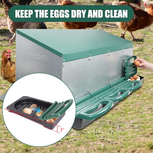 Chicken Nesting Box, 3 Holes Nesting Boxes, Heavy Duty Metal Laying Boxes, Roll Away Nesting Box Egg Collection Tray, with Roosting Pole for Chicken Coop(Green) - size: 3 Holes