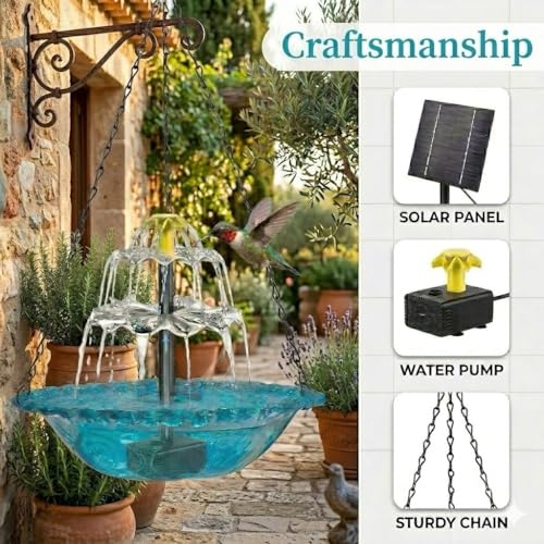 2026 Solar Cascade Hanging Bird Bath Fountain, Solar Powered Waterfall Birdbath with 3-Tier Bowl, Outdoor Hanging Water Fountain for Garden Patio Backyard Decoration, Blue (Multi-Spray Modes)
