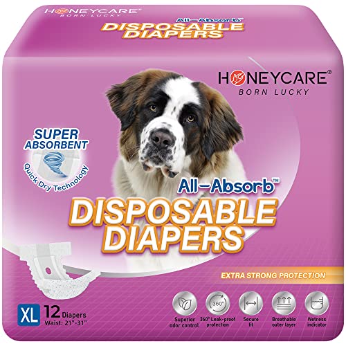 HONEY CARE All-Absorb Disposable Dog Diapers XL Size, Improved Bigger Size, 12 Count, Super Absorbent, Breathable, Wetness Indicator - size: X-LARGE