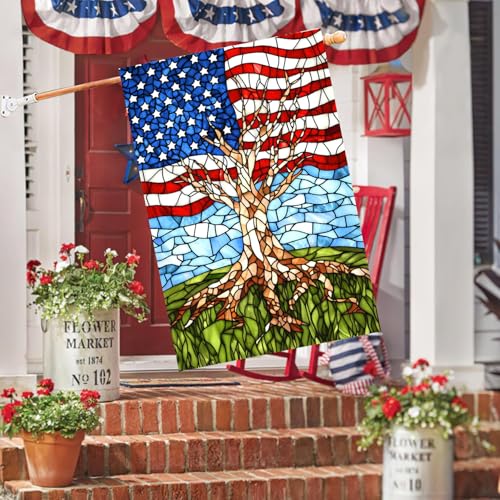 Patriotic American House Flag 28 x 40 Double Sided for Outside Large Stained Glass Tree Life Garden Flags 250 Anniversary USA 4th of July Independence Memorial Day Decora - color: july-tree