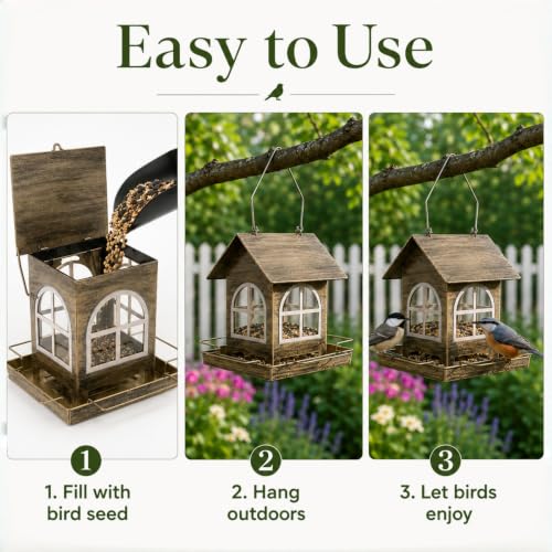 Metal Hummingbird Feeder with Glass Windows and Gold Perches, Vintage Cottage Style, Outdoor Hanging for Garden Patio Backyard, Bird Watching Decor, Metal Construction