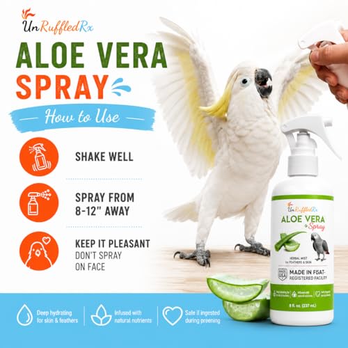 UnRuffledRx Aloe Vera Bird Spray for Parrots | Gentle Daily Support for Itchy Skin, Scratching, Dry Feathers & Feather Comfort | Fragrance Free & Safe if Preened, 8 oz - size: 8 Fl Oz (Pack of 1)