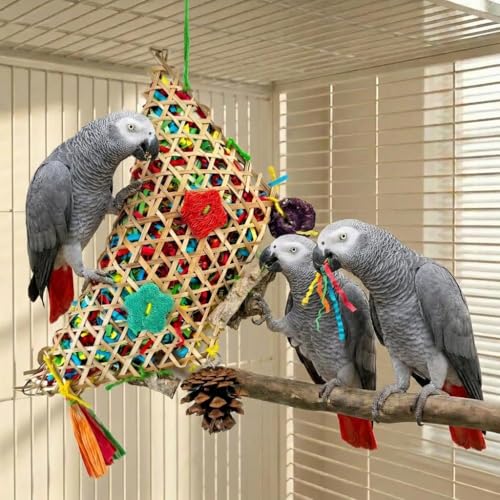 Parakeet Chewing Hanging Toy, Parrot Beak Toy Bird Foraging Toys with Natural Wood & Bamboo Shell, Cage Bite Toy for Small Parrots, Safe Bird Chewing Toys for Cockatiels Conures Lovebirds