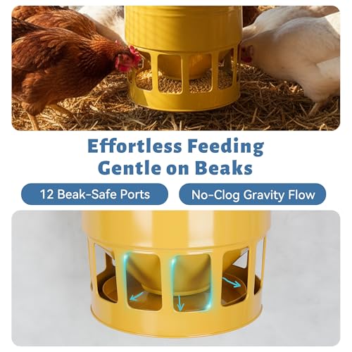 KOL Hanging Chicken Feeder – 20lbs Metal Chicken Feeder No Waste, Adjustable Poultry Feeder with 12 Ports, No Installation & Universal Height Design (Yellow) - color: Yellow