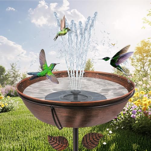 Hanging Bird Bath for Outside, 13" Metal Bird Bath Bowl with Chains + Solar Bird Bath Fountain Pump, 7.1" Hook Outdoor Hanging Birdbath for Tree