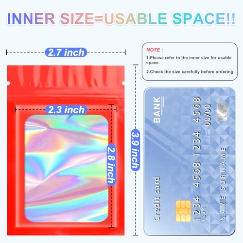 ANZNKU 100PCS Holographic Red Mylar Bags, Resealable Smell Proof 2.7x3.9 | with Clear Window, Small Business Jewelry Candy Treat Sample Party Favor Packaging, Plastic Sealable Zip Goodie Gift Baggies - color: Red, size: 2.7 x 3.9 Inch