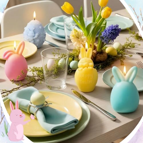 4 Pcs Easter Candles Easter Bunny Egg Votive Candles 4''x2'' Spring Pastel Real Wax Smokeless Flower Fruit Scented Tealights Drip-Free Rabbit Gift for Home Table Centerpiece Party Decor