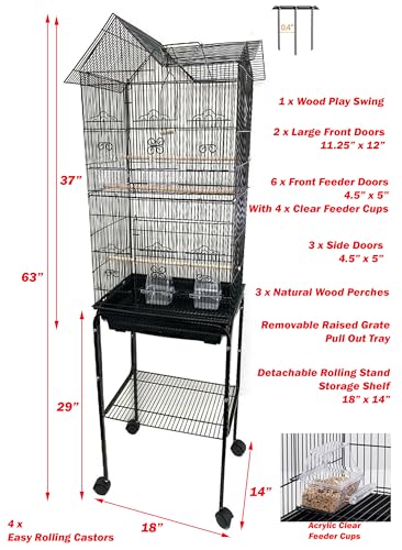 63" Roof Top Bird Flight Parrot Pet House Home Cage with Removable Rolling Stand for Cockatiel Sun Conure Parakeet Finch Budgie Lovebird Canary