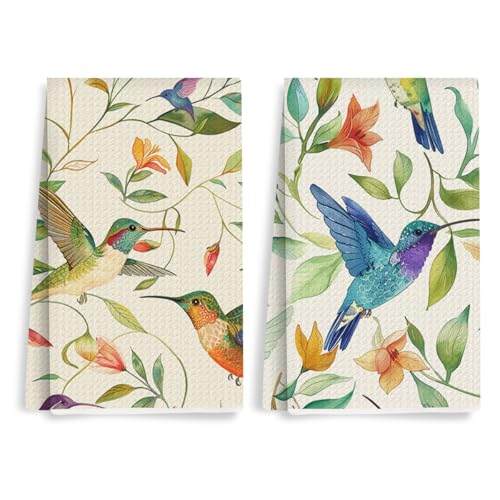 2 Pcs Vibrant Hummingbird Kitchen Towels, Housewarming Gifts | Floral Art Decorative Absorbent Microfiber Dish Cloth Tea Towel, Waffle Soft Hand Towels for Farmhouse Home Bathroom - color: Multi 0439