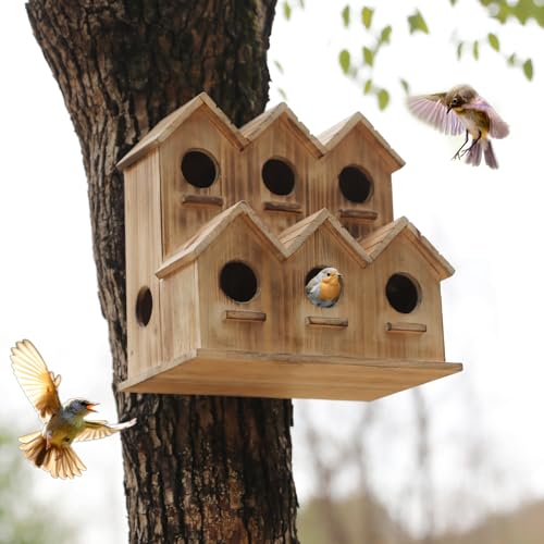 Wooden Bird Houses for Outside, 8 Room Hanging Birdhouse, Large Bird House for Bluebird Finch Cardinals, Decorative Outdoor Bird Nesting Box