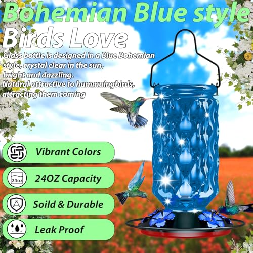 24OZ Glass Hummingbird Feeders for Outdoors Hanging,Five Feeding Ports with Perch, Leak Proof for Gardens Decor Backyard, Bird Feeder for Outside, Birthday Gifts for Women Men, Gifts for Mom Dad - color: Blue