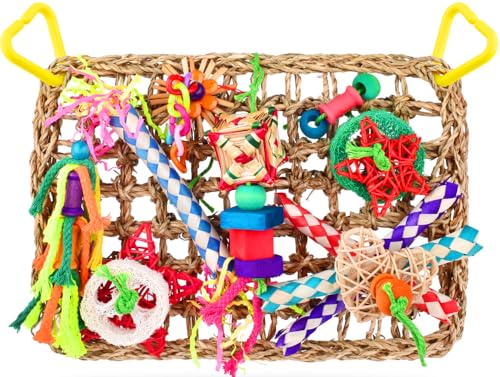 KATUMO Bird Toys, Large Bird Foraging Wall Toy, Woven Climbing Hammock Mat | Natural Grass Mat, Edible Seagrass, Colorful Chewing Toys, Suitable for Lovebirds, Finch, Parakeet, Budgie, Conure, Cockatiel - style: Stars